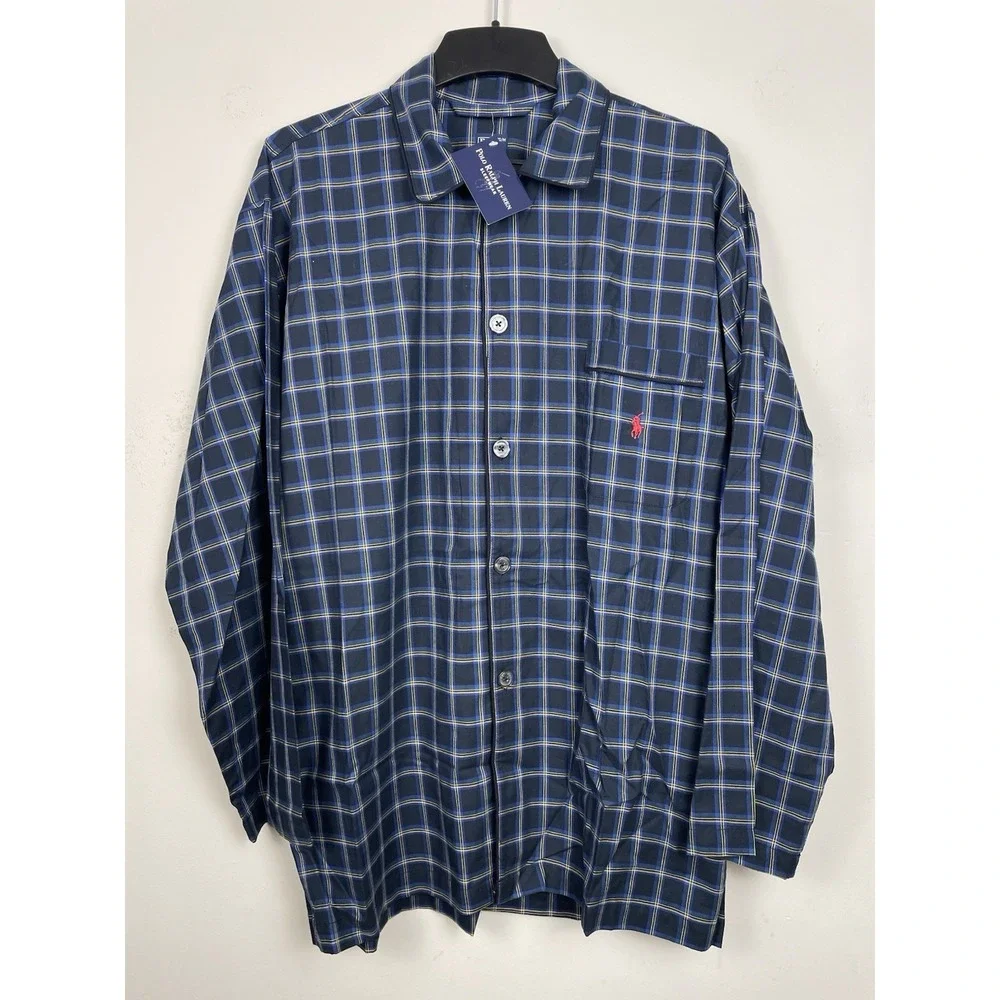NEW Polo Ralph Lauren‎ Sleep Shirt Mens S/M Small Medium Blue Plaid Cotton